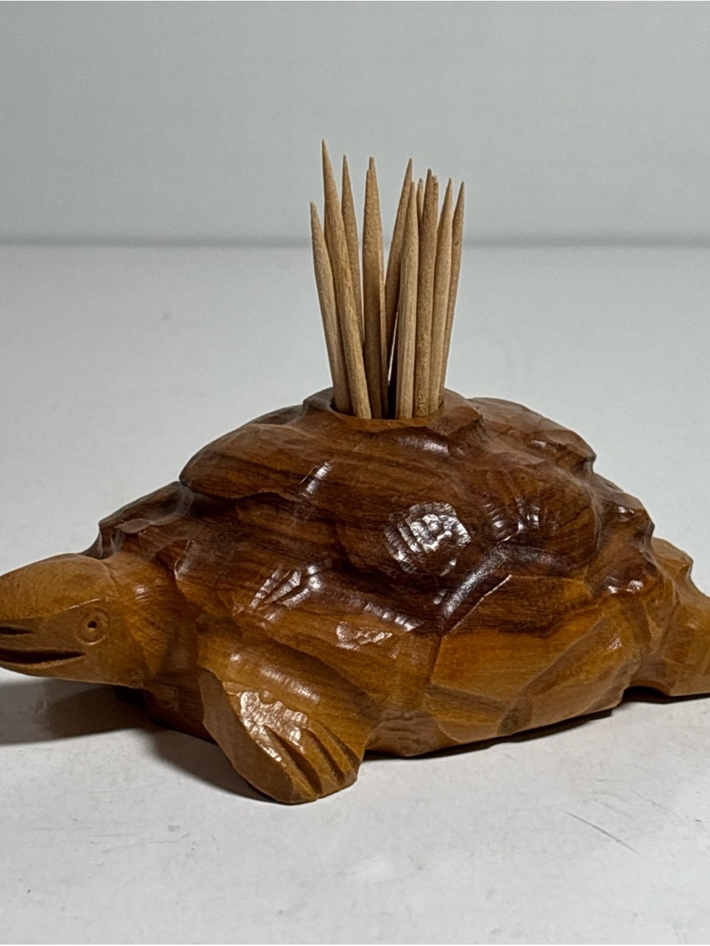 Hand Carved Wood Turtle Toothpick Holder, 4" long Beautiful Carmel Color Wood